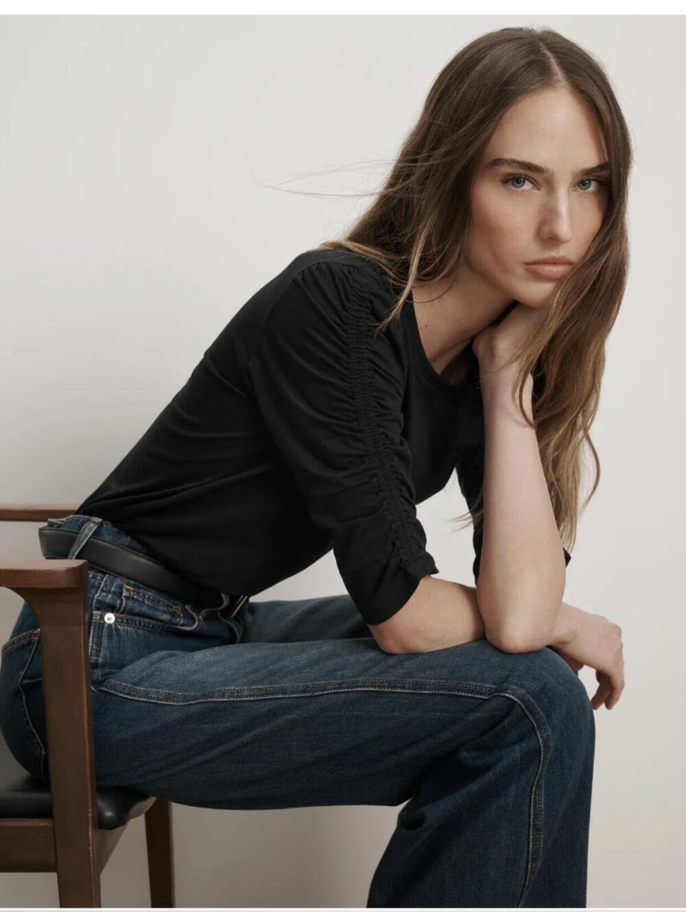 Veronica Beard Waldorf Ruched-Sleeve T-Shirt Black Half-Sleeve Top
